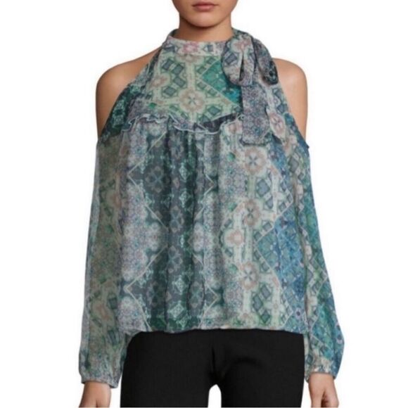 NWT Womens Libby Edelman Printed Open Cold Shoulder Tie Neck Blouse Top - Sz L - Picture 1 of 5